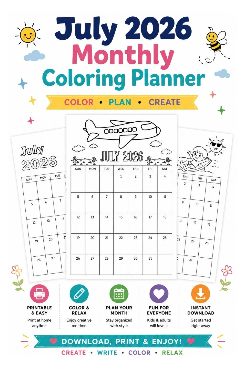 July 2026 Monthly Coloring Planner Pinterest Image