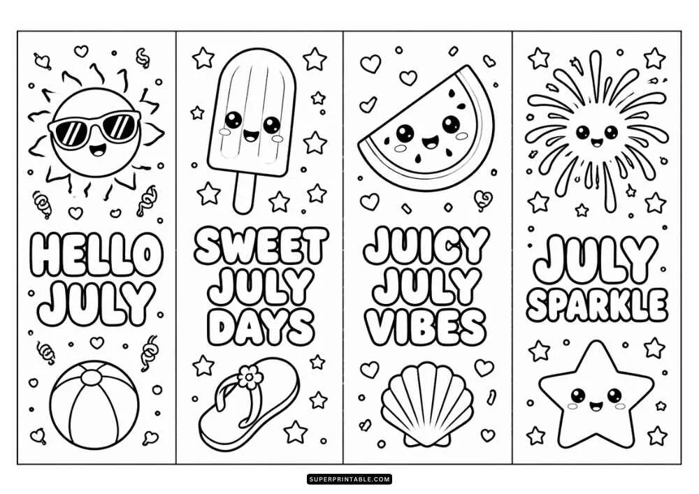 Four July bookmarks with a sun, popsicle, watermelon, fireworks, beach ball, and stars.