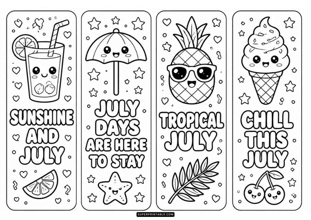 Four bookmarks with lemonade, umbrella, pineapple, ice cream, cherries, and July sayings.