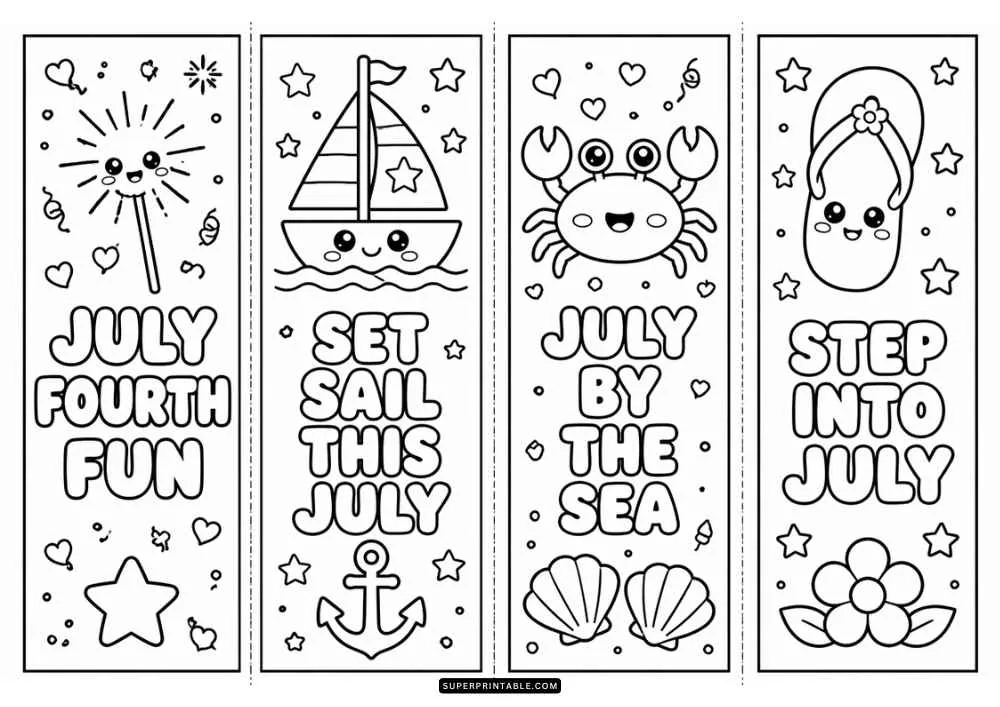 Four July bookmarks with a sparkler, sailboat, crab, flip flop, anchor, and seashells.