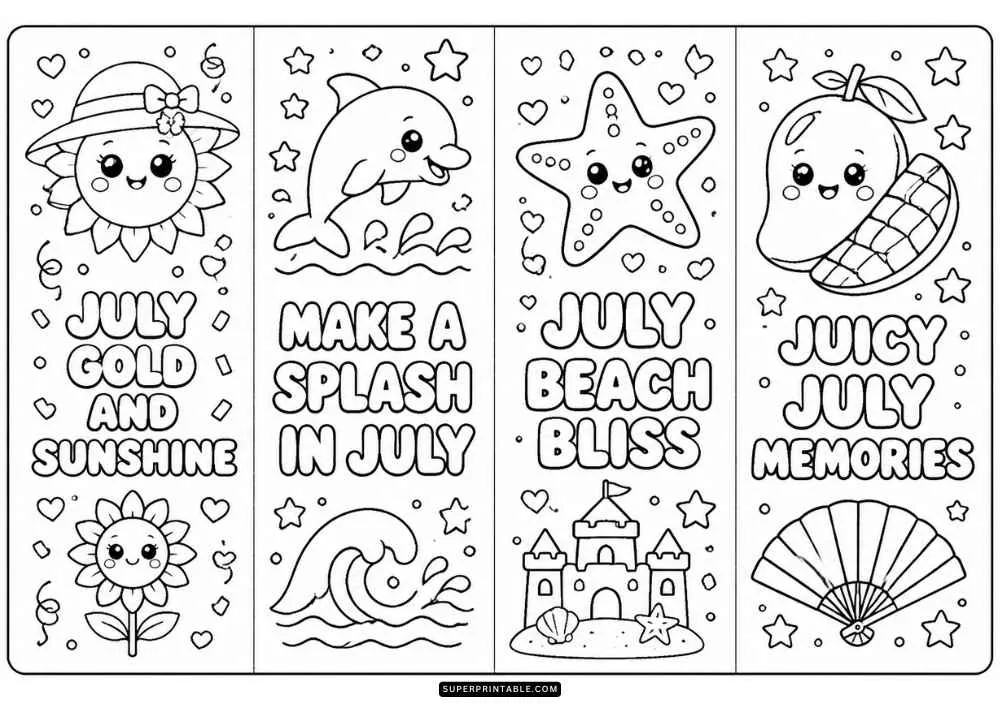 Four July bookmarks with a sunflower, dolphin, starfish, mango, waves, and seashell.