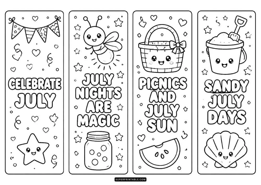 Four July bookmarks with bunting, firefly, picnic basket, sand bucket, watermelon, and shell.