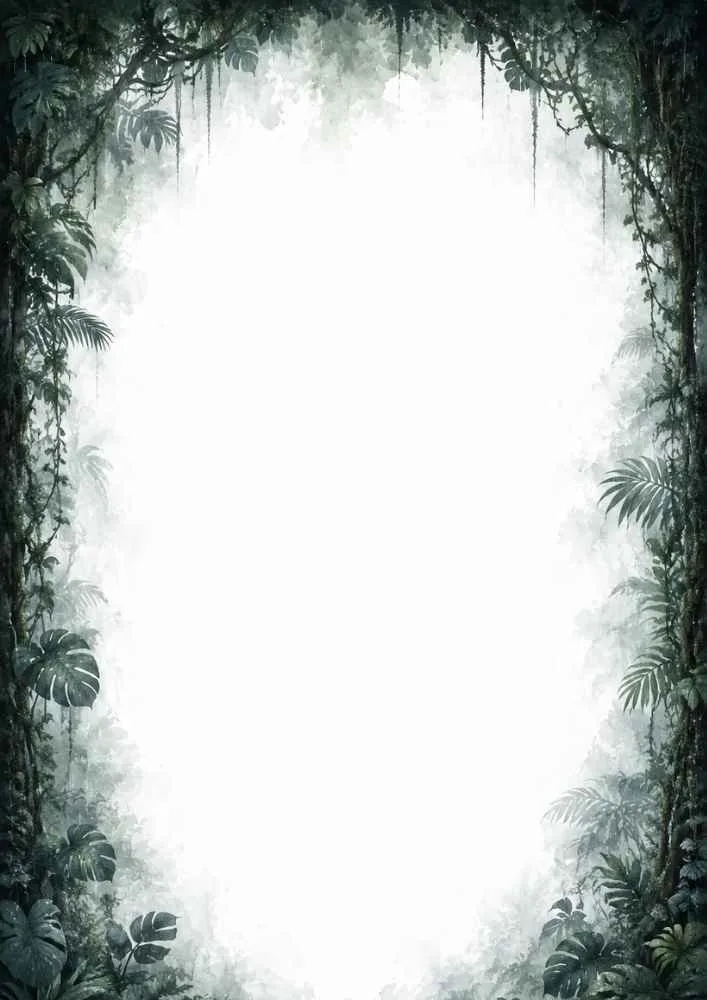 Jungle border with tropical leaves, vines, and a misty opening in the center.