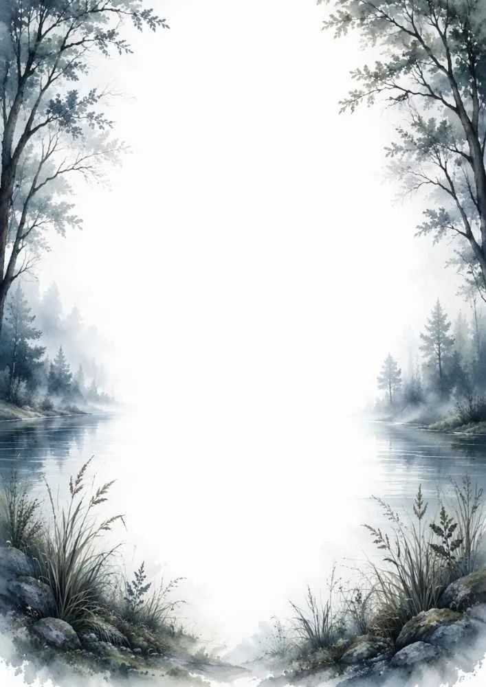Woodland border with lake, trees, rocks, grass, and mist.