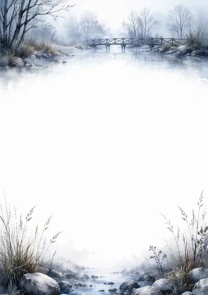 River border with wooden bridge, reeds, rocks, and misty countryside.