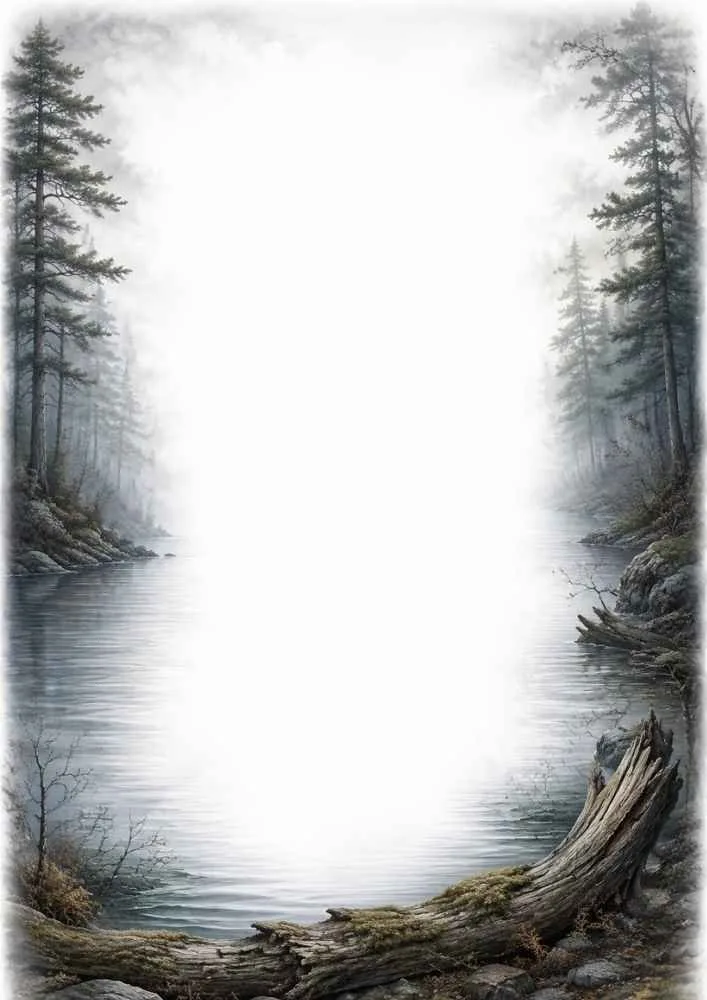 Forest border with lake, pine trees, shoreline, logs, and mist.