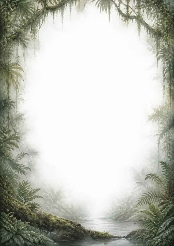 Rainforest border with a stream, ferns, tropical plants, and misty scenery.