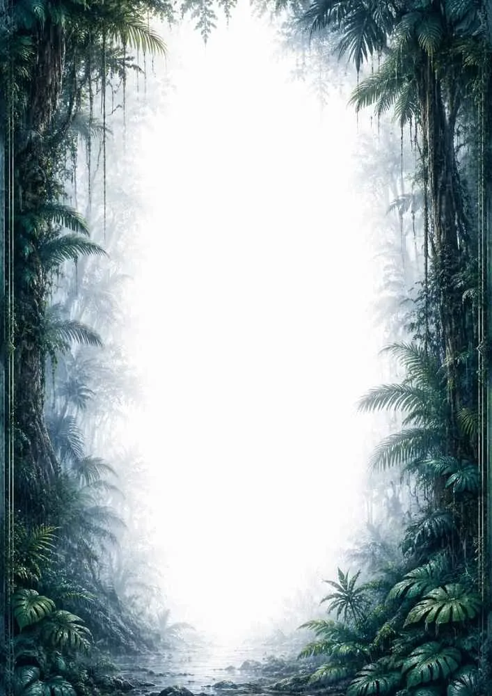 Jungle border with river, tall trees, vines, and tropical plants.