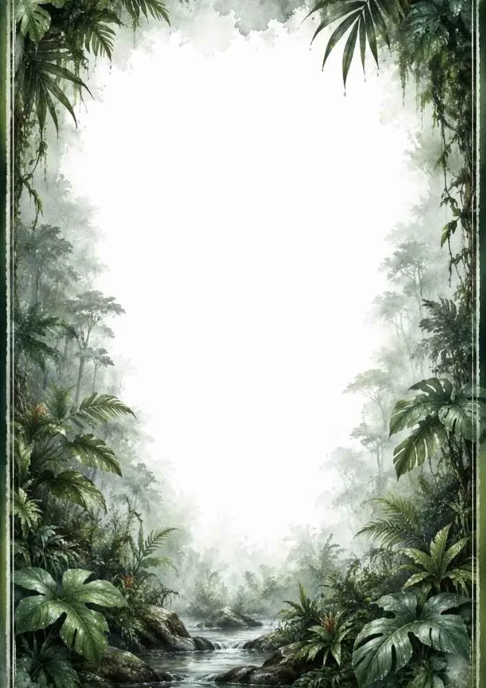 Tropical forest border with leafy plants, stream, rocks, and mist.