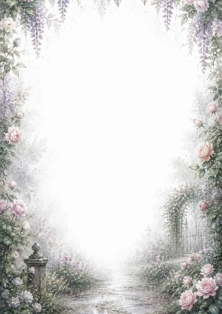 Floral border with roses, garden path, gate, and flowering plants.