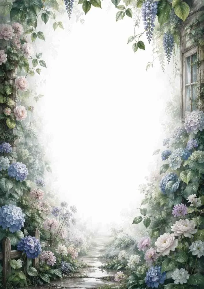 Garden border with hydrangeas, flowers, cottage wall, and pathway.