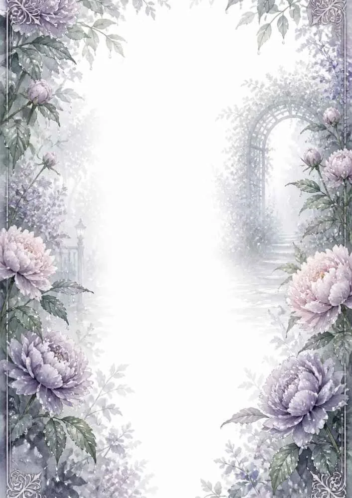 Floral border with peonies, garden arch, leaves, and soft flowers.