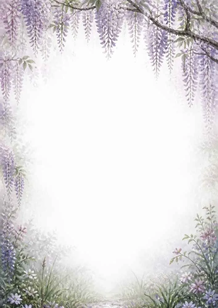 Wisteria border with hanging blossoms, flowers, grass, and branches.
