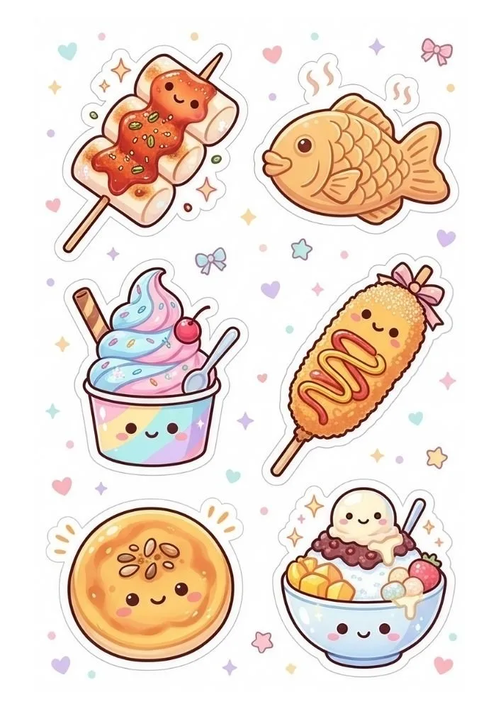 A sticker-style page with six smiling food characters including a marshmallow skewer, fish-shaped pastry, ice cream cup, corn dog, round pastry, and dessert bowl. Small hearts, stars, and bows decorate the background.