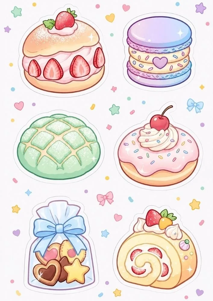 Six dessert stickers including a strawberry cream cake, purple macaron, melon bread, pink donut, cookie gift bag, and strawberry roll cake. Hearts, stars, bows, and confetti surround the treats.