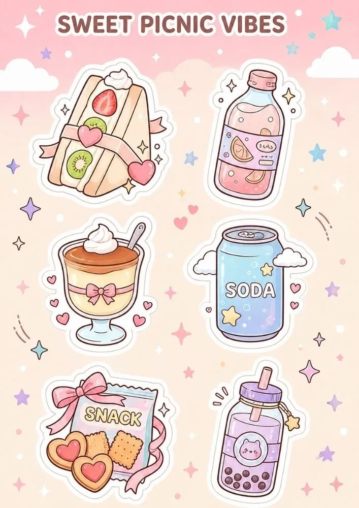 A page titled "Sweet Picnic Vibes" featuring six stickers including a fruit sandwich, bottled drink, pudding dessert, soda can, snack pack with cookies, and bubble tea bottle. Hearts, stars, and clouds decorate the page.