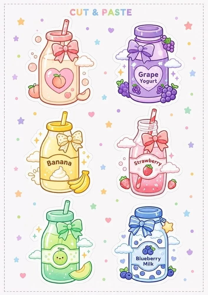 A page titled "Cut & Paste" with six bottle stickers labeled Peach, Grape Yogurt, Banana, Strawberry, Melon, and Blueberry Milk. Clouds, fruit pieces, hearts, and stars decorate the page.