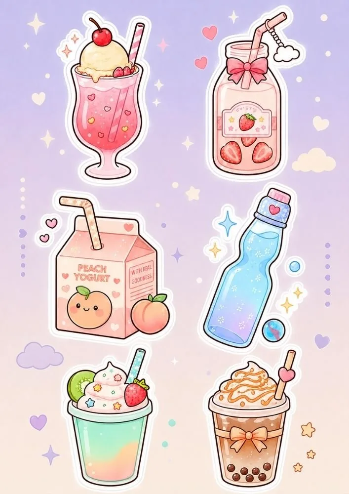 Six drink stickers including a pink float, strawberry milk bottle, peach yogurt carton, blue water bottle, smoothie cup, and bubble tea. Small hearts, stars, and cloud decorations fill the background.