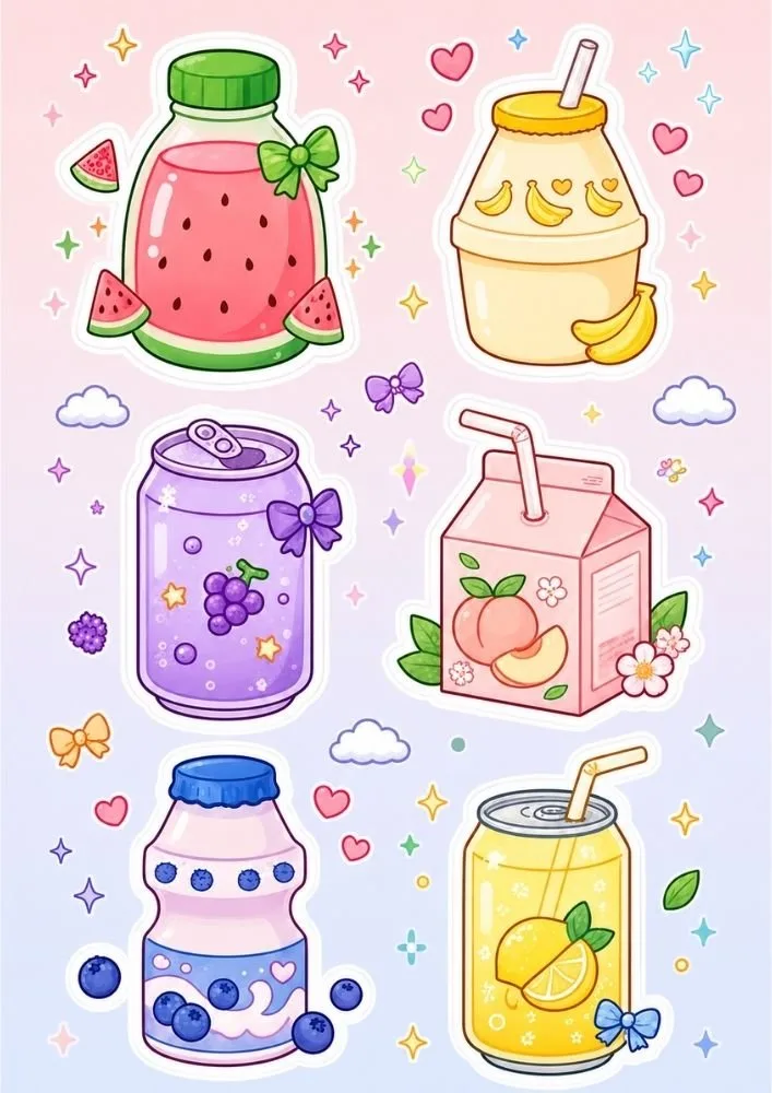 Six kawaii drink stickers featuring watermelon juice, banana drink, grape soda can, peach juice carton, blueberry yogurt bottle, and lemon soda can. Hearts, stars, clouds, and fruit pieces surround them.