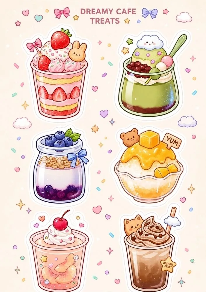 A page titled "Dreamy Cafe Treats" with six dessert stickers including strawberry parfait, green pudding dessert, yogurt jar, shaved ice bowl, fruit cup, and chocolate drink. Hearts, clouds, and confetti decorate the page.
