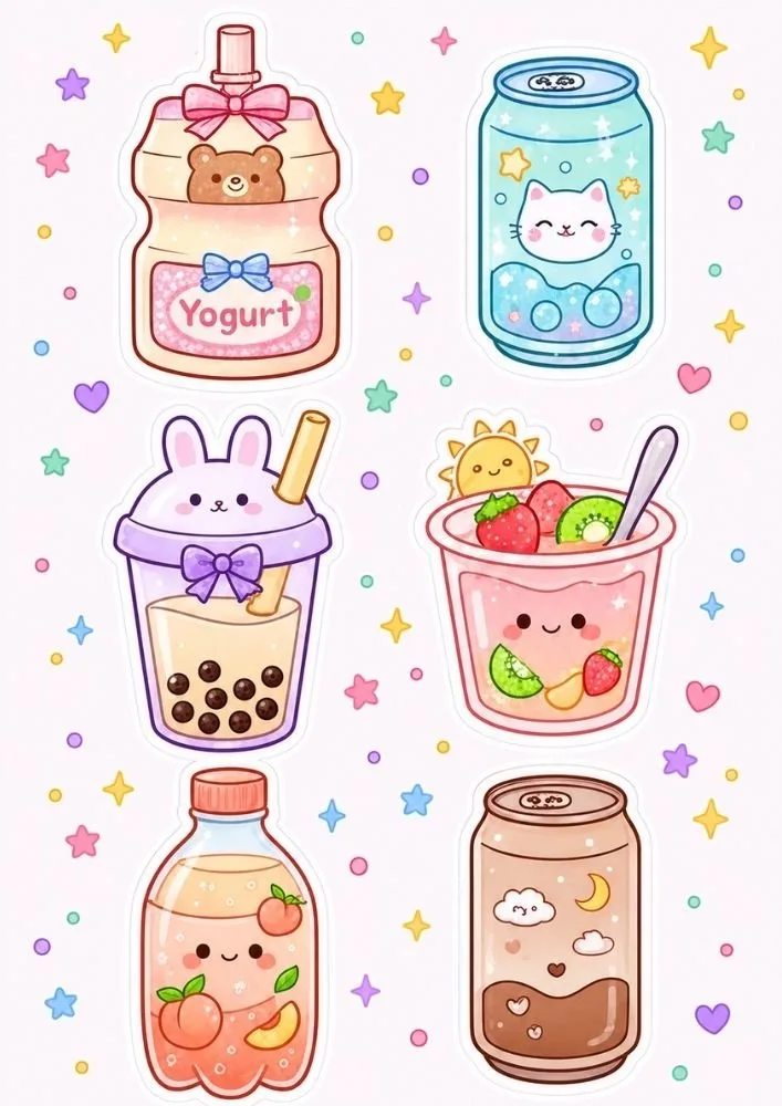 Six drink stickers including a yogurt pouch, blue soda can with a cat face, bunny bubble tea, fruit dessert cup, peach drink bottle, and a brown soda can. Small stars and hearts decorate the page.