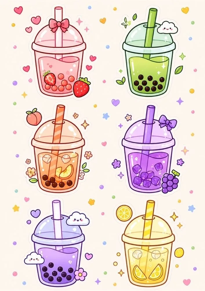 Six bubble tea style drink cups in pink, green, orange, purple, lavender, and yellow. Each cup has pearls, fruit details, and cute decorations such as clouds, hearts, and stars.