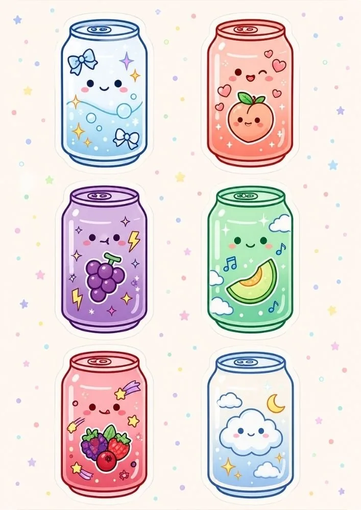 Six smiling soda cans featuring blue bubbles, peach, grape, melon, mixed berries, and cloud themes. Small stars, hearts, clouds, and sparkles appear around the cans.