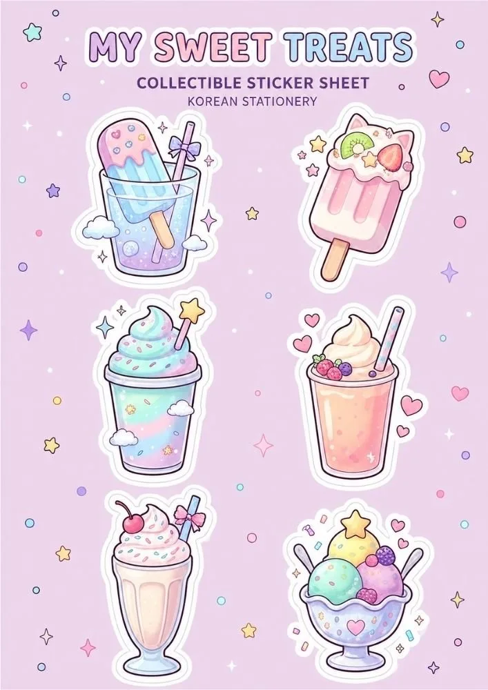 A page titled "My Sweet Treats Collectible Sticker Sheet Korean Stationery" with six dessert stickers including popsicles, soft serve drinks, milkshakes, smoothies, and an ice cream sundae. Hearts, stars, and clouds decorate the background.