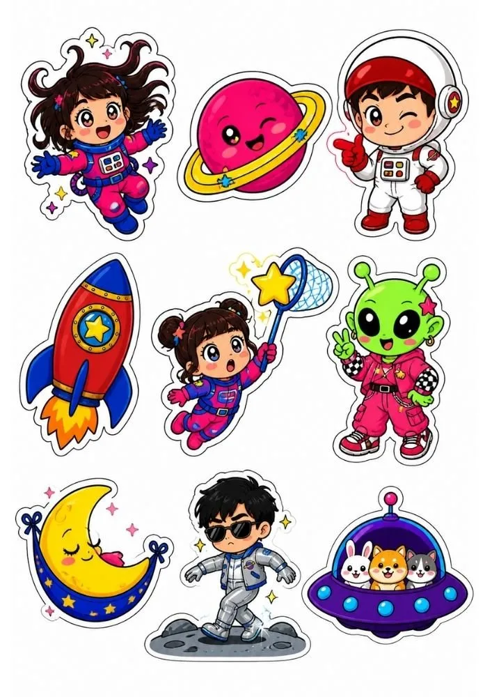 Cute space-themed stickers with astronauts, aliens, rockets, planets, moons, and cartoon UFO characters.