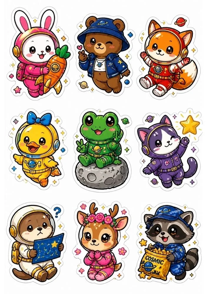 Adorable animal astronaut stickers with rabbits, bears, foxes, ducks, cats, frogs, and raccoons in space suits.