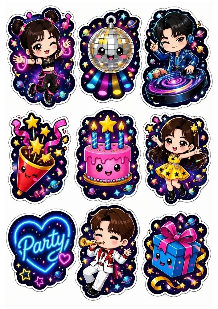 Space party stickers with disco balls, cakes, gifts, performers, DJs, and colorful galaxy celebration designs.