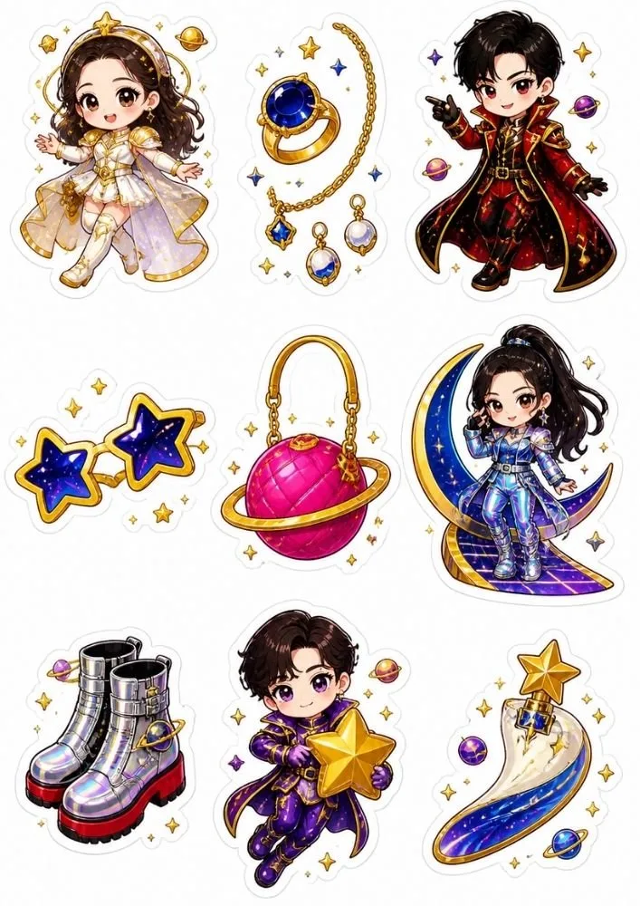 Fashion-themed K-pop space stickers with accessories, jewelry, boots, handbags, stars, and celestial-inspired designs.