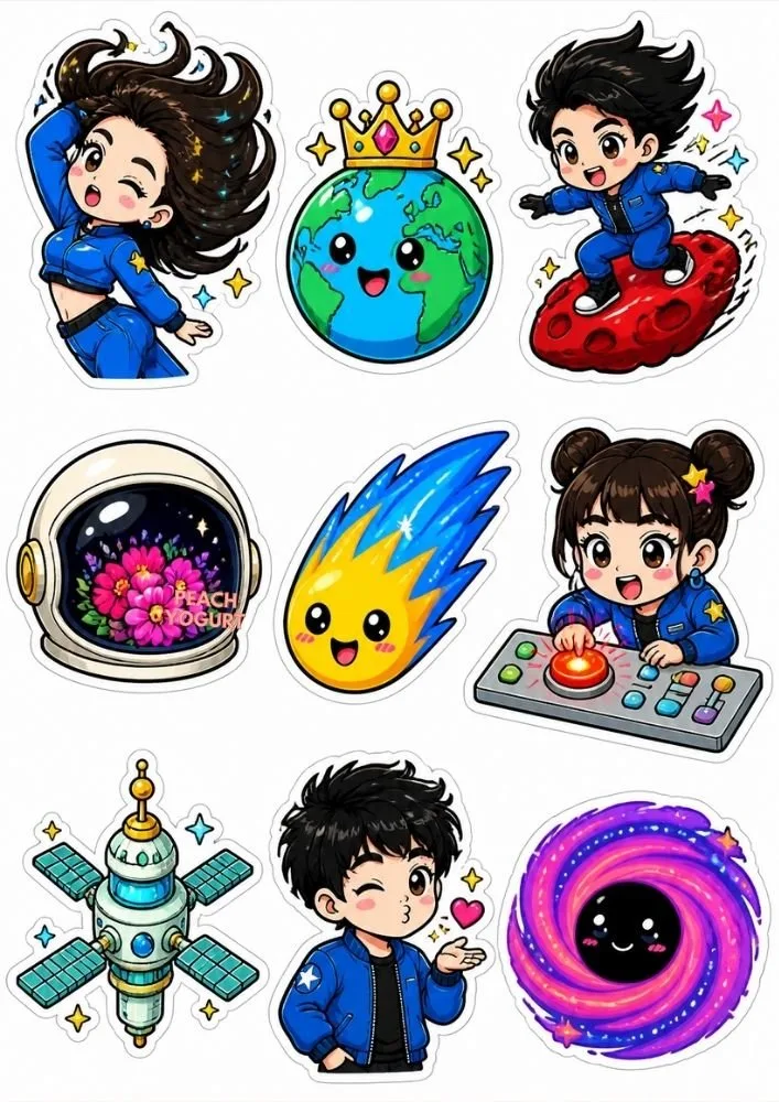 K-pop-inspired space stickers featuring astronauts, planets, meteors, satellites, and colorful galaxy objects.