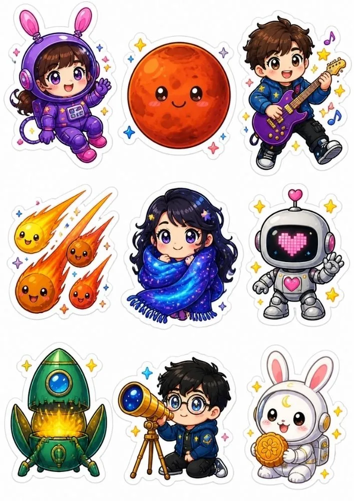 Space adventure stickers with astronauts, robots, rockets, telescopes, planets, stars, and colorful cosmic elements.