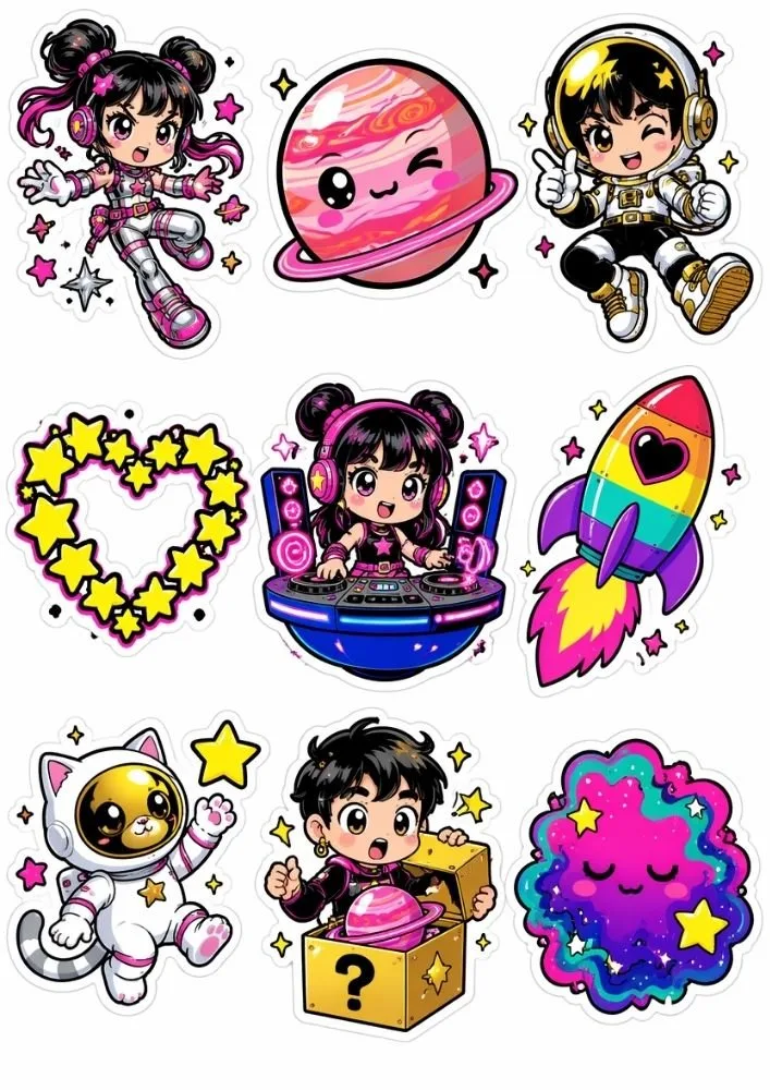 Cute K-pop space stickers featuring astronauts, planets, rockets, music-themed characters, and colorful galaxy artwork.