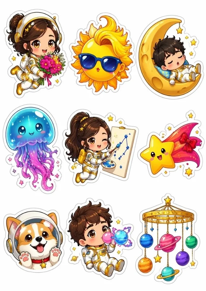 Space-themed stickers with astronauts, sun, moon, stars, planets, cosmic creatures, and cute celestial illustrations.
