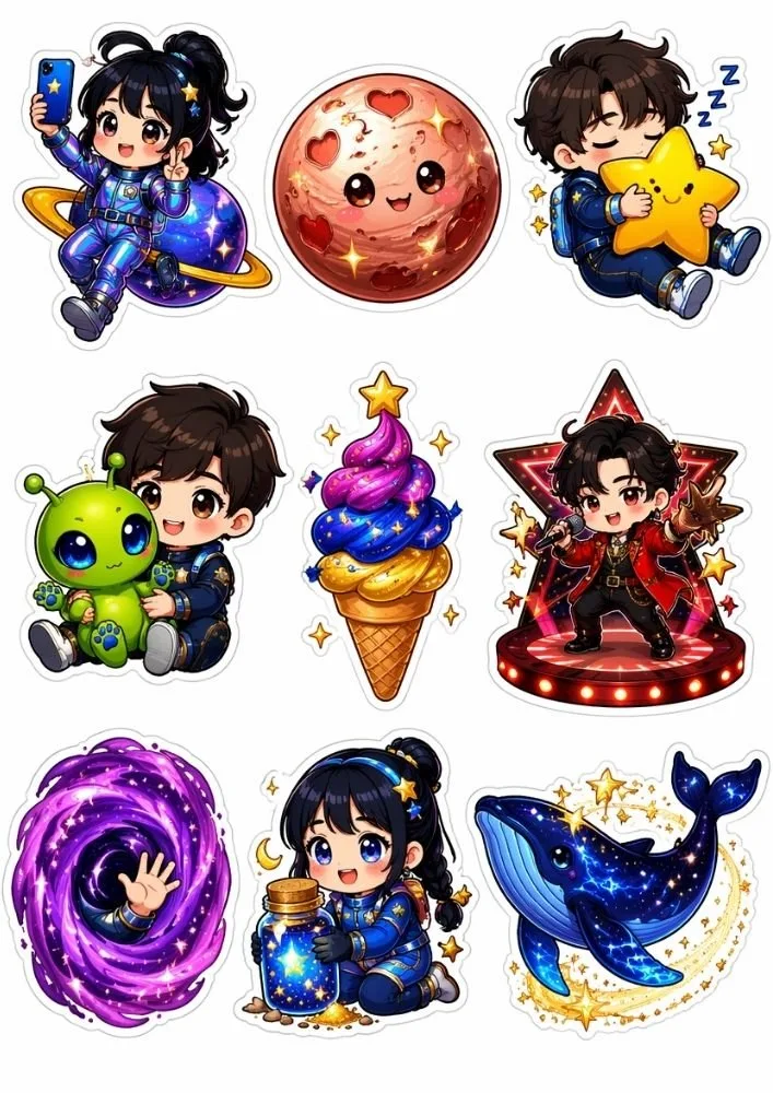 Fantasy space stickers with astronauts, aliens, stars, portals, cosmic whales, and vibrant galaxy designs.