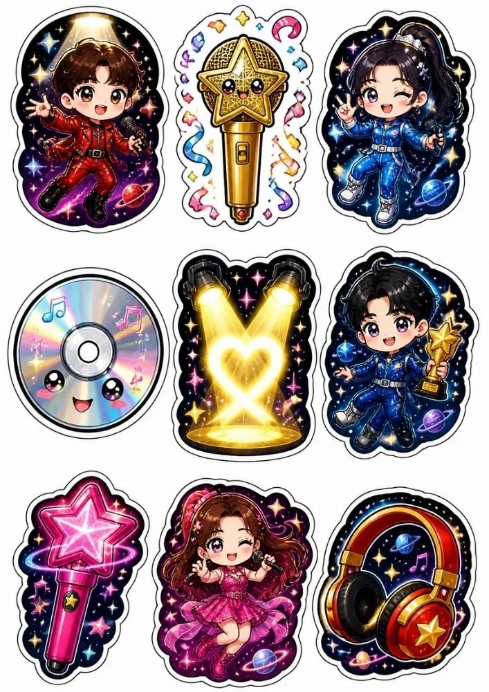 K-pop concert stickers with singers, microphones, headphones, music icons, stage lights, and cosmic backgrounds.