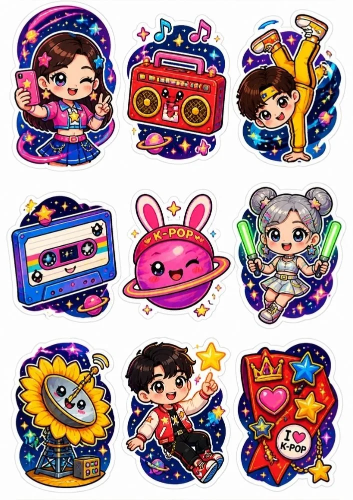 K-pop space stickers with dancers, music players, cassette tapes, planets, stars, and concert-themed artwork.