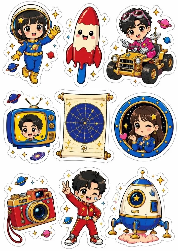 Retro-style space stickers with astronauts, rockets, cameras, star charts, vehicles, and space exploration icons.