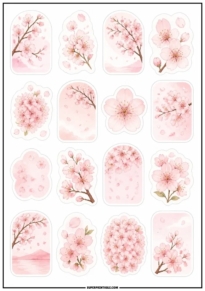 Collection of pastel pink cherry blossom stickers featuring flowers, branches, petals, and scenic floral designs.