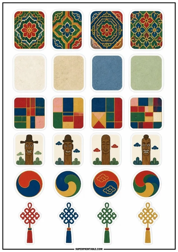 Traditional Korean pattern stickers with colorful motifs, knots, symbols, geometric designs, and decorative artwork.