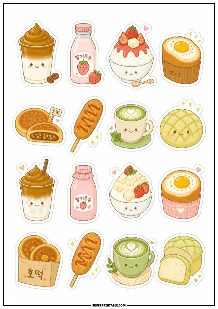Cute Korean cafe stickers featuring coffee, milk bottles, pastries, melon bread, rice cakes, and sweet desserts.