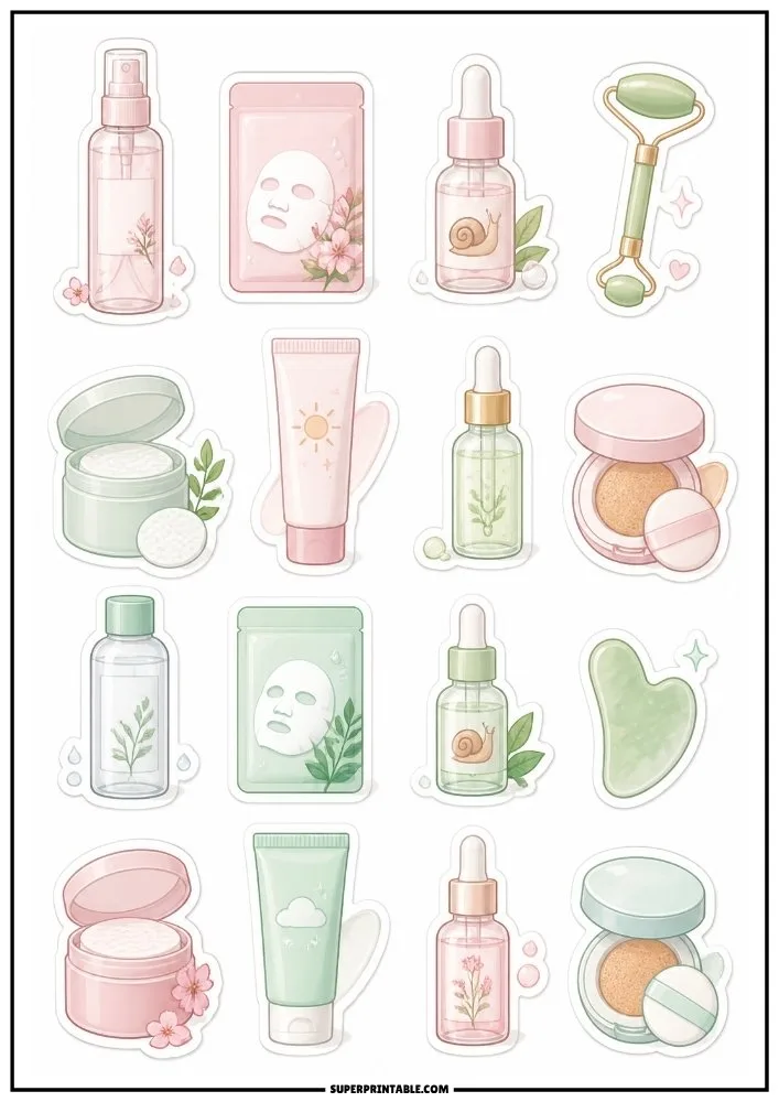Pastel skincare stickers with serums, face masks, creams, rollers, powders, and beauty products.