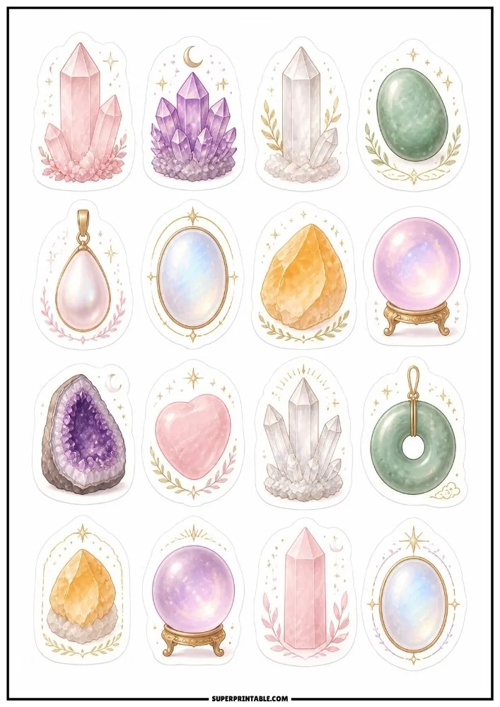Crystal and gemstone stickers featuring quartz points, crystal balls, pendants, amethyst clusters, and polished stones.
