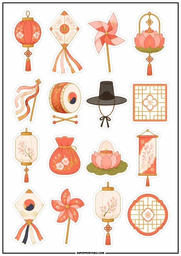 Traditional Korean festival stickers with lanterns, kites, drums, lotus decorations, and cultural ornaments.