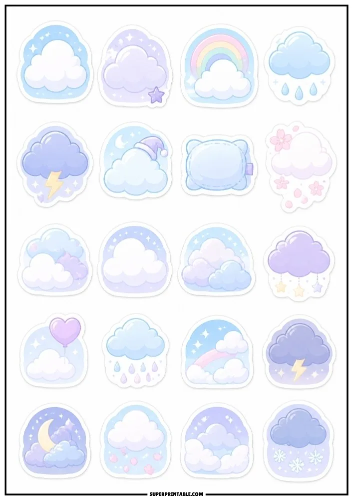 Cute cloud stickers featuring rainbows, moons, stars, raindrops, lightning clouds, and pastel weather designs.