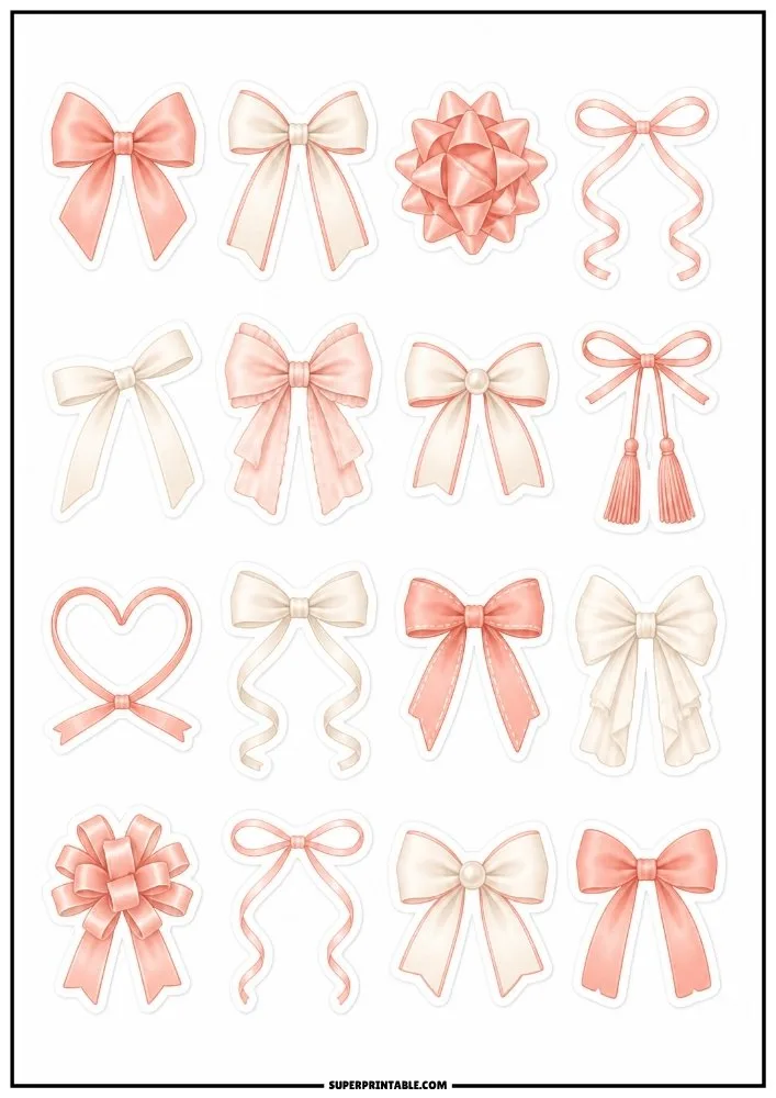 Pastel bow stickers featuring ribbons, decorative bows, gift bows, tassel bows, and elegant pink designs.