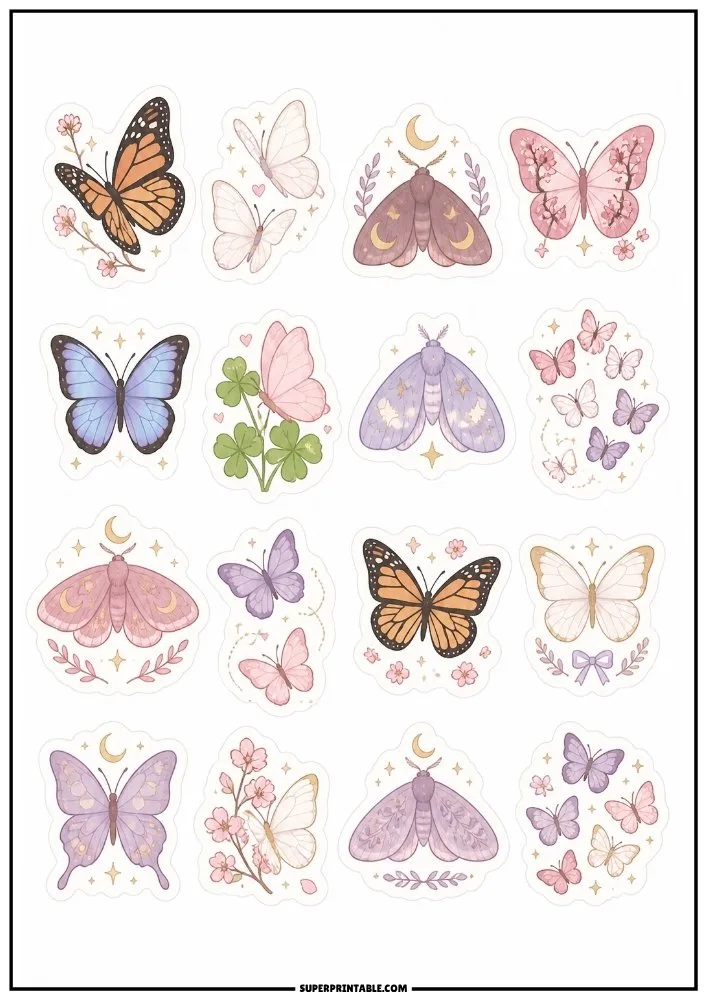 Butterfly and moth stickers featuring pastel butterflies, floral designs, moon moths, and decorative wings.