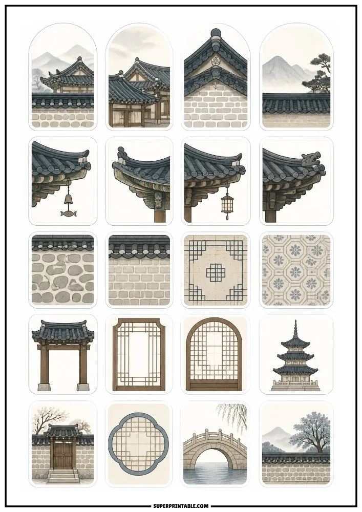 Traditional Korean architecture stickers featuring hanok roofs, gates, windows, walls, bridges, and historic buildings.